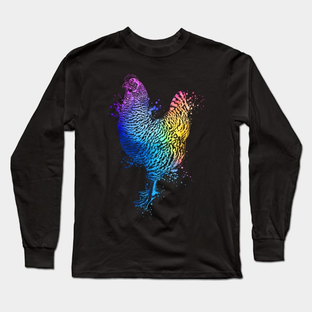 Colorful drawing of an plymouth rock chicken Long Sleeve T-Shirt by Modern Medieval Design